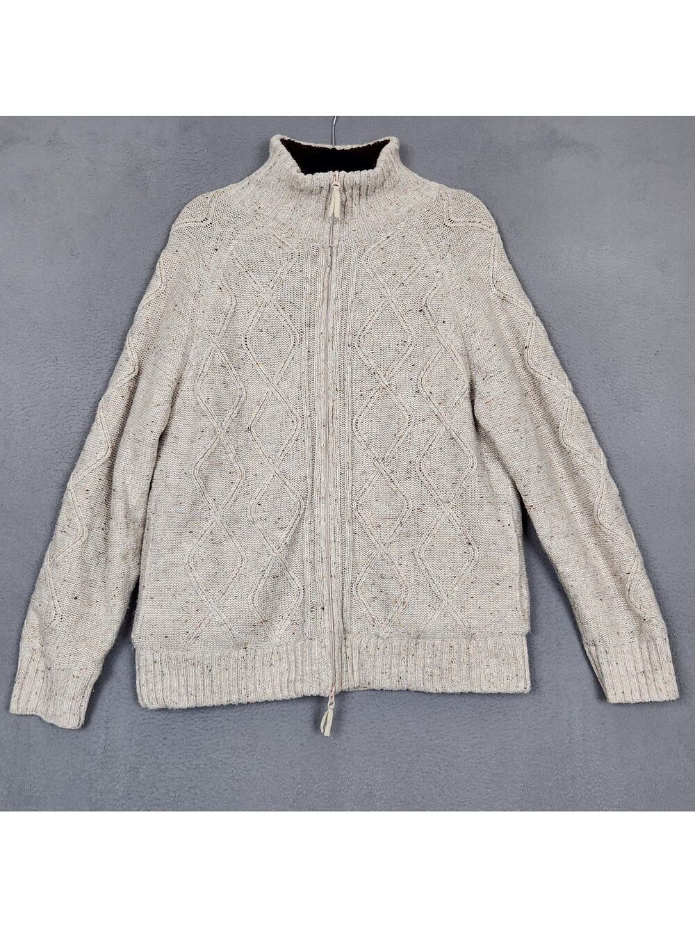 Norm Thompson Jacket Mens Large Beige Wool Bomber Sherpa Lined Argyle Knit Zip